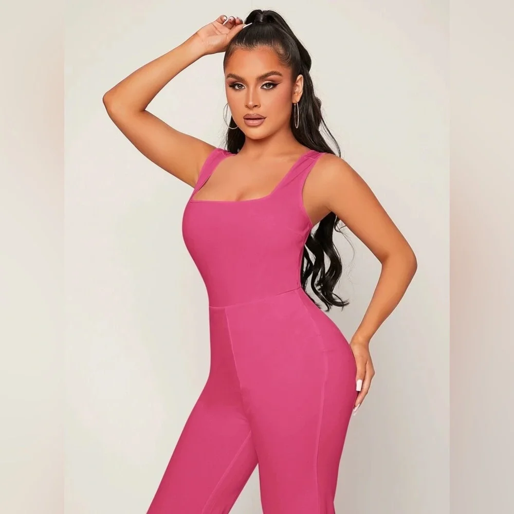 Shein Fuchsia Hot Pink‎ Slit Hem Flare Legged Stretch Sexy Jumpsuit Large 8 10